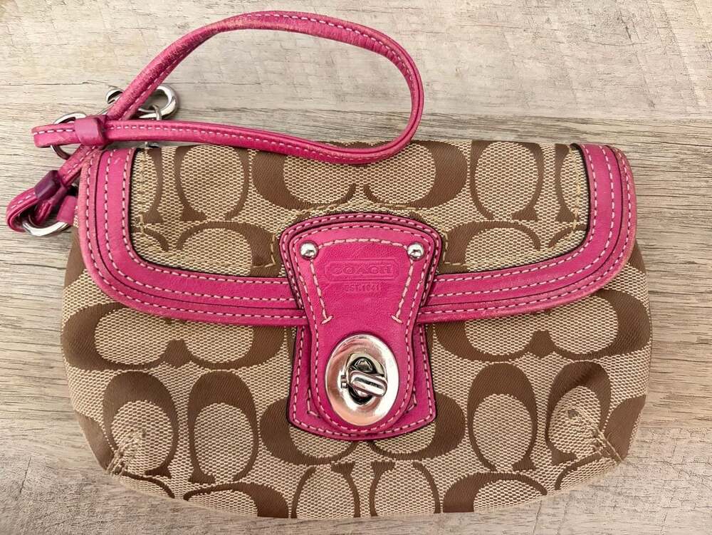 Coach Signature Brown and Pink Turnlock Wristlet
